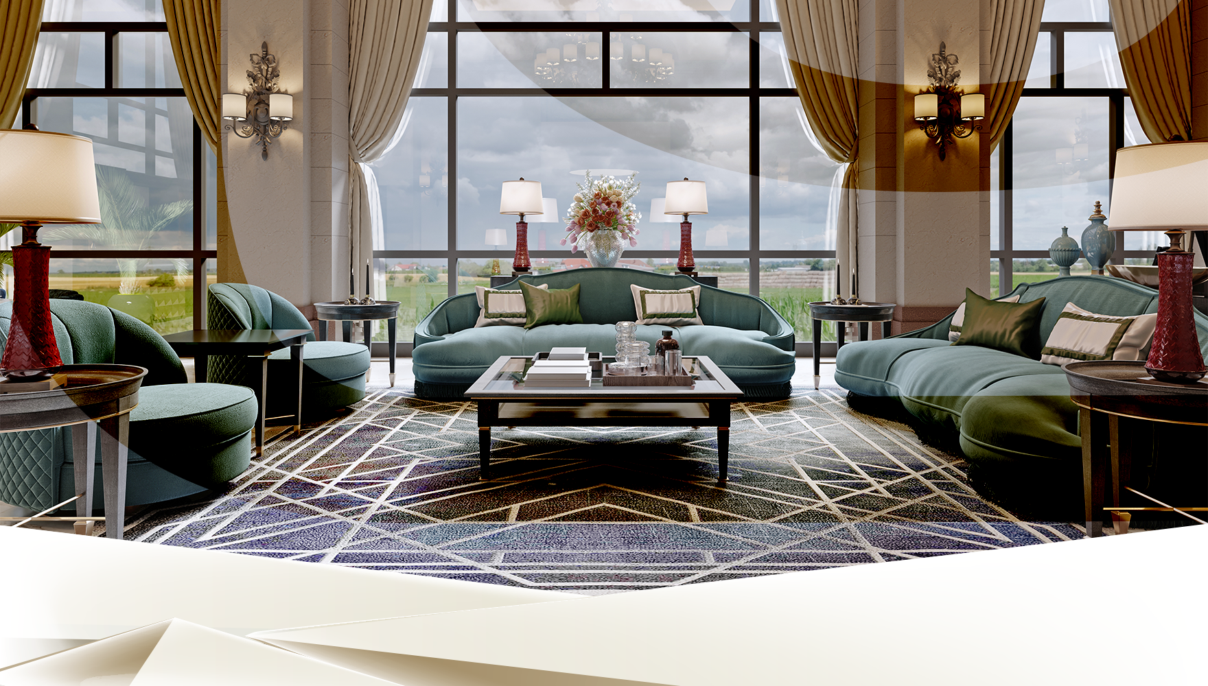 A luxurious hotel lobby featuring plush green sofas, elegant lamps, and a glass coffee table on a vibrant blue and purple geometric rug. large windows with curtains offer a view of a cloudy sky.