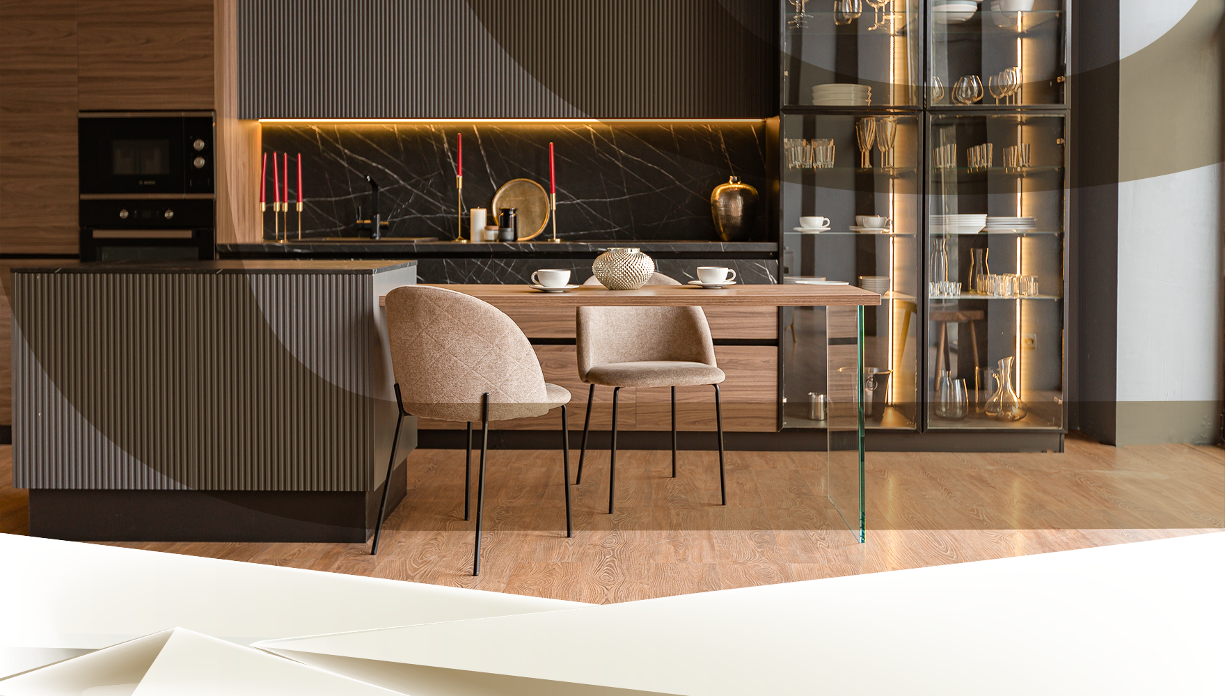 Modern kitchen interior featuring a dining table with chairs, wooden cabinets, and shelves elegantly arranged under warm lighting with reflective marble accents.