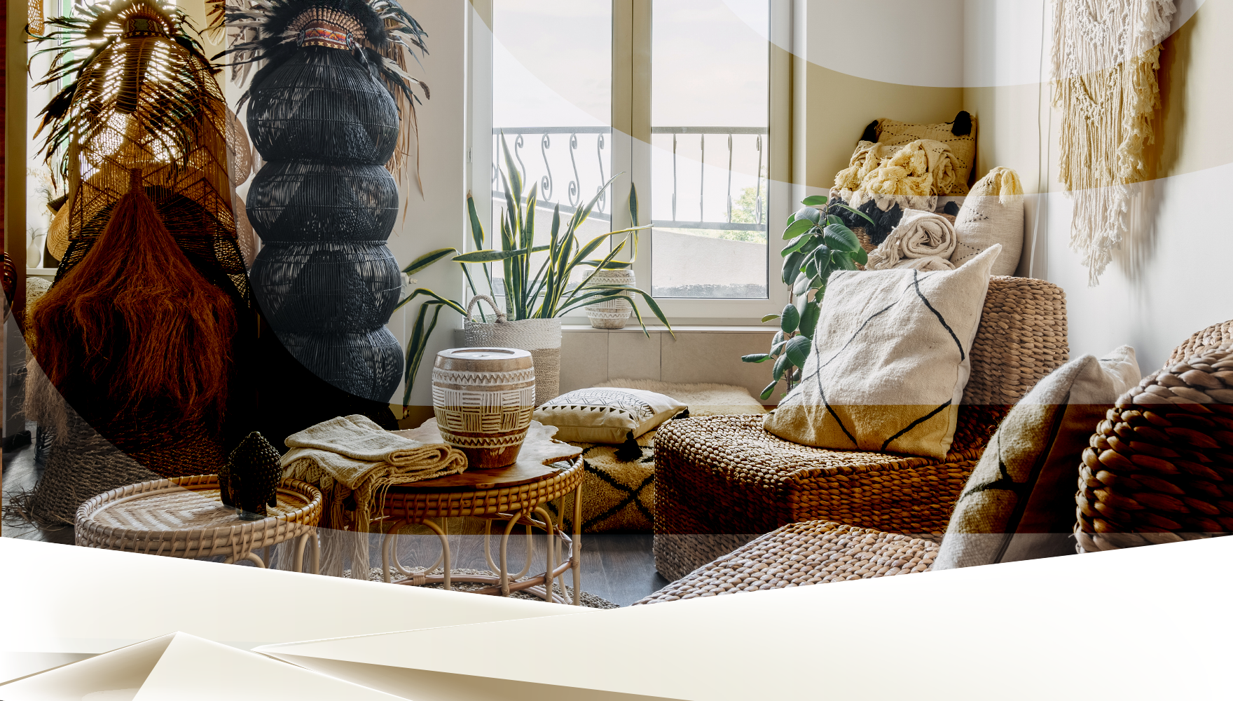 A cozy, bohemian-style sunroom featuring rattan furniture with plush pillows, textured throws, a variety of wicker baskets, and large potted plants. natural light streams in through large windows.