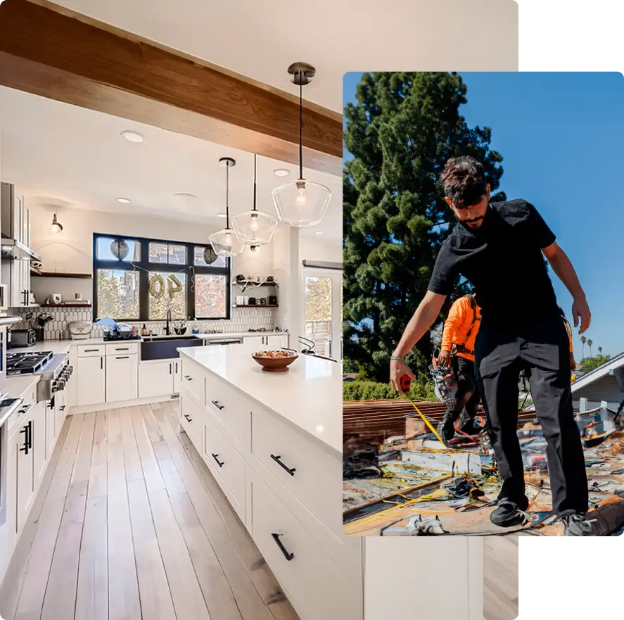 Split image: left - a bright, modern kitchen with white cabinets, wooden beams, and pendant lights. right - a general contractor posing on his construction site under a clear sky.