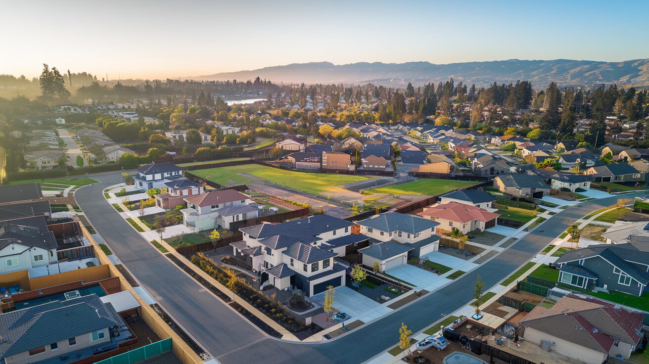 A newly developed residential neighborhood in San Jose with modern homes, green spaces, and tree-lined streets is perfect for new home construction.