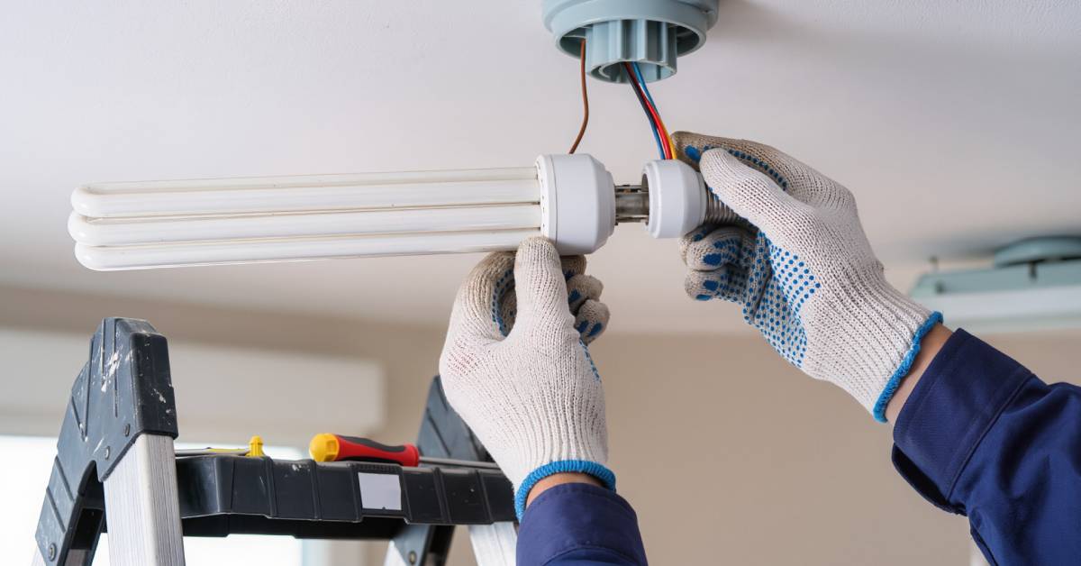 A close-up of two hands wearing safety white gloves, installing a long white lightbulb in the ceiling of a room.