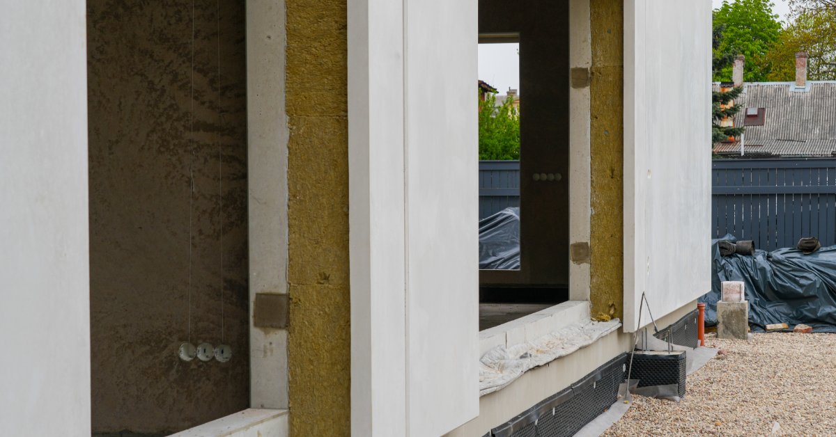 A close-up of the exterior side of a room under construction with white walls and large windows, surrounded by gravel.