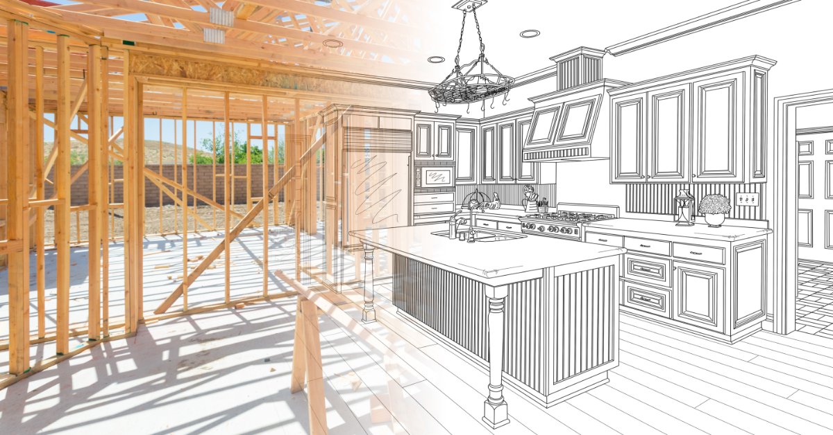 A kitchen under construction with a wooden structure on the left and a sketch of a finished kitchen on the right.