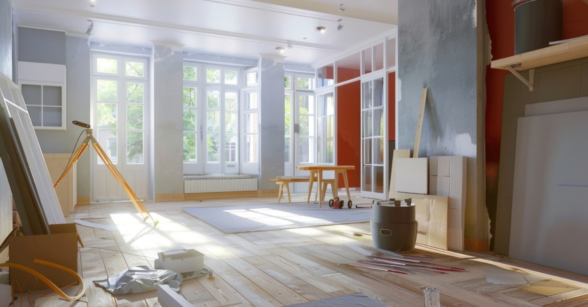 A living room under construction with large windows, wooden floors, a red wall, and multiple tools on the floor.