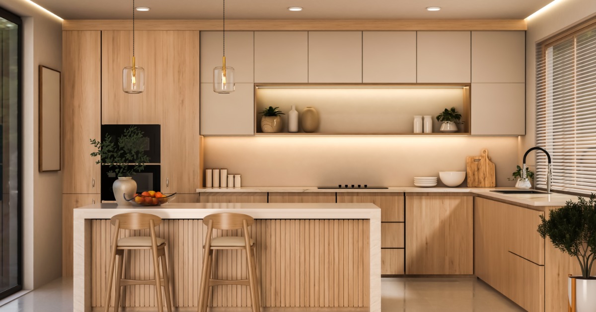 An L-shaped kitchen with wooden paneling under the island, wooden cabinets, and LED lighting around the edges.