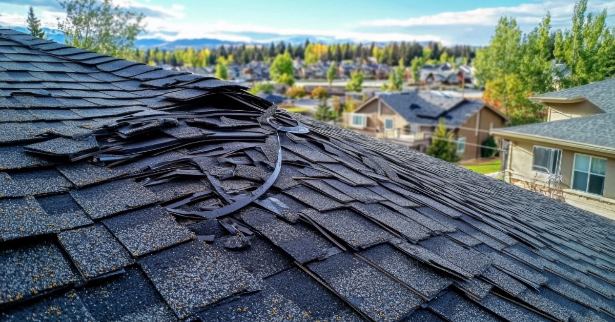 A close-up of a roof with multiple broken shingles out of place, with multiple homes and mountains in the background.